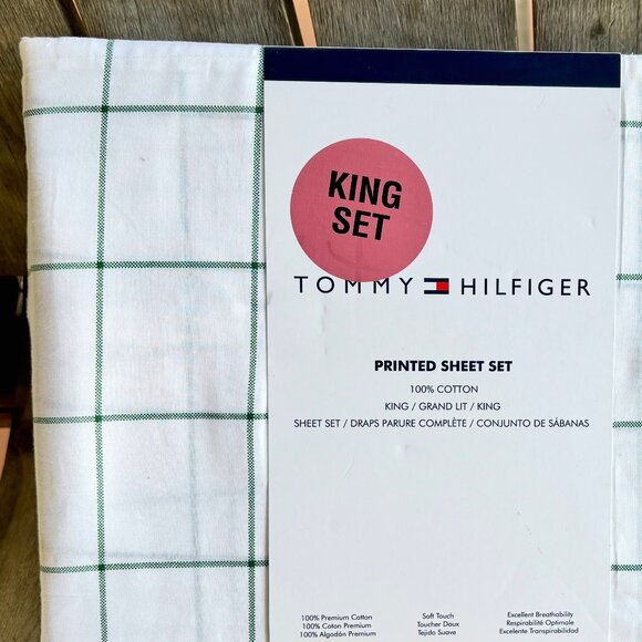 TOMMY HILFIGER King Size 100% Cotton WINDOWPANE PLAID Sheet Set - ALL COTTON